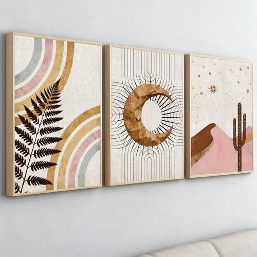 PWAAHDC Boho Wandbilder Set mit Rahmen, Beige Rosa Abstrakte Poster 3er Set, Regenbogen Mond Kaktus Wanddeko für Wohnzimmer Schlafzimmer, Boho Bilder Gerahmt 30x40 cm