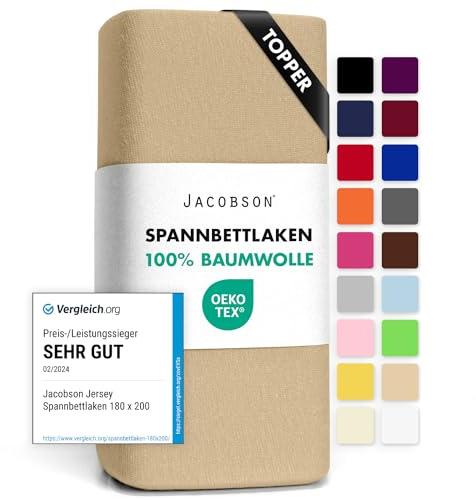 Jacobson Jersey Spannbettlaken Spannbetttuch Baumwolle Bettlaken (Topper 180-200x200 cm, Beige)