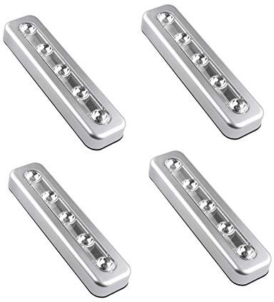 Pack von 4, WeFoonLo DIY Stick-on 5 LED-Touch-Tap-Leuchten Akku-Push-Licht für Schränke, Schränke, Schrank, Flur, Treppen, Dachböden, Garagen, Auto, Schuppen, Abstellraum (Silber)