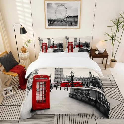 Loussiesd London Duvet Cover Set Single Size, World Famous City Bedding Set Telephone Booth and The Big Ben Print Decorative Red Grey Comforter Cover with 1 Pillow Shams, Zipper, Retro 2 Pcs…