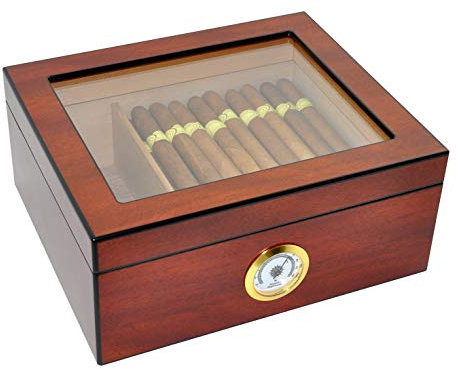DUCIHBA Zigarren Humidors Aufbewahrung 25-50 Zigarren Box, gehärtetes Glas Top Display, Handarbeit Spanisches Zedernholz Zigarrenetui mit Trennwand, Luftbefeuchter und Hygrometer, Geschenk für Mann,