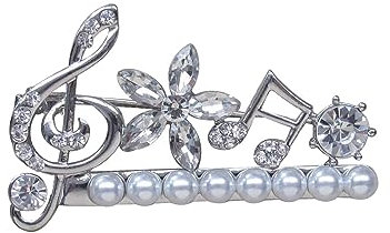 Broche acier argenté clé de sol et note de musique, 8 perles nacrées.