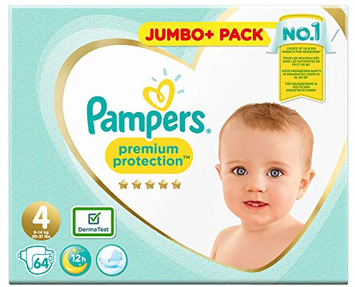 Pampers Premium Protection Windeln, Weiß, 64 Stück, Größe 4, Babywindeln, Wasserfest, Einweg, Urinschutz, Herzquilt Innenvlies, 9-14 kg, Karton, Größer als 24,5 cm aber weniger als 30 cm