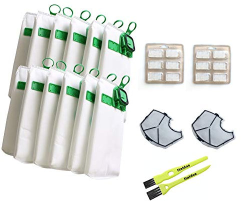 Italdos Kit Sacchetto Aspirapolvere Tela, Compatibile per Vorwerk Folletto VK140 VK150-12 Sacchi + 2 Filtro Motore + 12 Profumi + 2 Spazzolini