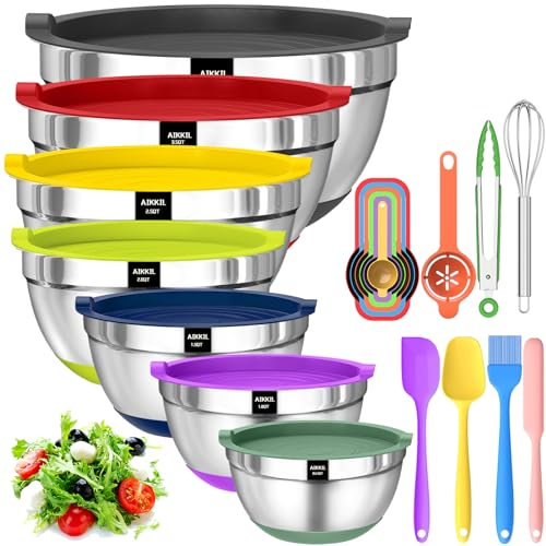 Mixing Bowls with Airtight Lids, 20 Piece Stainless Steel Metal Nesting Bowls, AIKKIL Non-Slip Colorful Silicone Bottom, Size 7, 3.5, 2.5, 2.0,1.5, 1,0.67QT, Great for Mixing, Baking, Serving