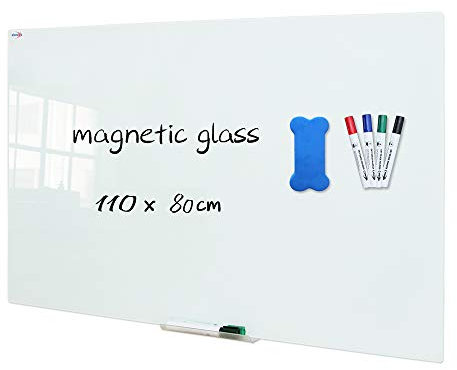 XIWODE Tableau blanc magnétique en verre trempé effaçable à sec, 110 x 80 cm, sans cadre, surface blanche givrée