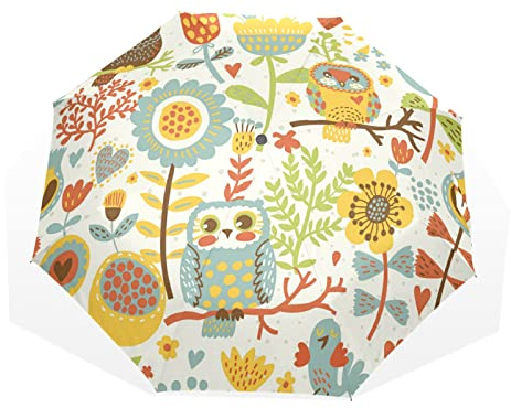 Regenschirm Niedlicher Vogel Eule Blume Blätter Winddicht 3 Falten Regenschirm für Damen Herren Mädchen Jungen Unisex Ultraleicht Outdoor Reise Kompakter Regenschirm