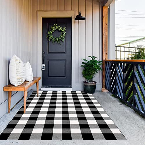 MUBIN Baumwolle Büffel Plaid Teppich, 1,2 x 1,8 m Schwarz und Weiß Kariert Outdoor Teppich Haustür Dekorative Matte, Handgewebter Reversible Faltbarer Teppich für Layered Door Mats Waschbarer Teppich