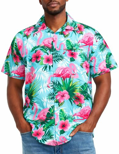 King Kameha Hawaii Hemd Männer - Tropisches Hawaiihemd Herren Kurzarm mit Flamingo-Print & Fronttasche, Ideal für Urlaub, Festival & Strand