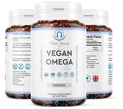 Vegan Omega 3 6 9, DHA & EPA Oil - 1000mg - 4 Month Supply 120 Soft gels - Naturaly sourced Algae Oil - High Strength