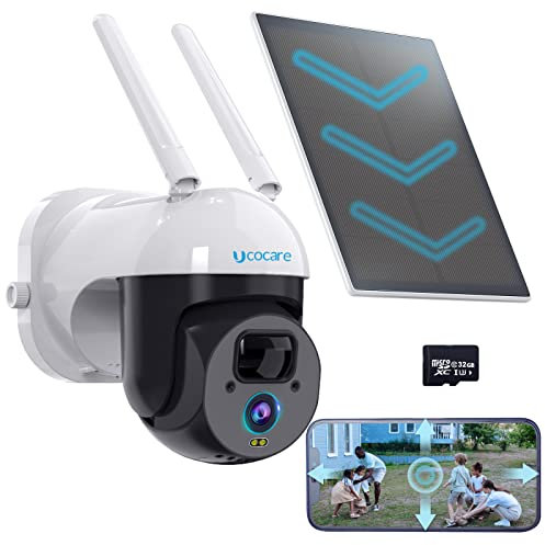 UCOCARE 4MP Überwachungskamera Aussen Akku mit 32GB SD Karte, Solar Kamera Überwachung Aussen Kompatibel mit Alexa, 355°/120° Pan Tilt, Farbnachtsicht, Bewegungsmelder, Sirene, 2-Wege-Audio, IP66