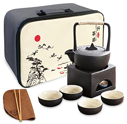 fanquare Chinesisches Gongfu Teeset Traditionell, Schwarzes Tragbares Teeservice für Erwachsene, Asiatisches Teeservice mit Keramikstövchen