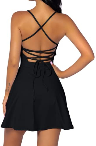 QINSEN Womens Tennis Dress with Inner Shorts Workout Open Back Active Golf Dresses Black M