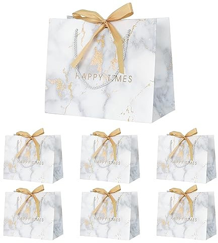 Geschenktaschen mit Krawatte, 6Stück Geschenktüten aus Papier, Groß Geschenkbeutel Papiertüten zum Einkaufen von Kleidung, Elegant Einkaufstasche Hochzeit Weihnachten Halloween, 28*20*10cm Weiß Golden