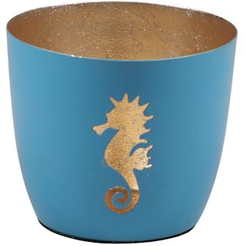 Seaside No.64 - Maritime Windlichter Baltic aus Metall mit ausgestanzten Motiven - Verschiedene Farbkombinationen für Teelichter & Stumpenkerzen in Haus und Garten (Seepferdchen - blau, Gold)