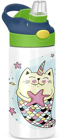 KAAVIYO Unicornio Gato Botella de Agua Térmica de Acero Inoxidable Termo A Prueba de Fugas con Paja Cepilla La Taza 350ml para Niños Niñas