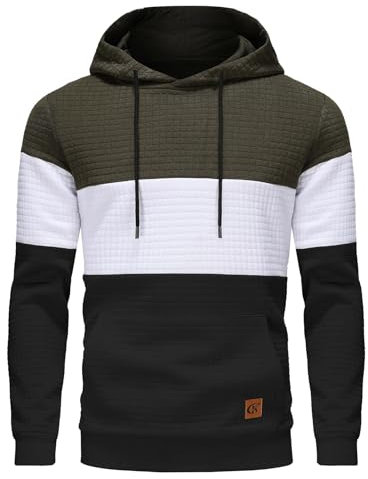 YuKaiChen Herren Pullover Herren Patchwork Hoodie Langarm Jacquard Kaputzenpullover Farbblock Sweatshirt mit Taschen ArmyGreen Weiß Schwarz Klein