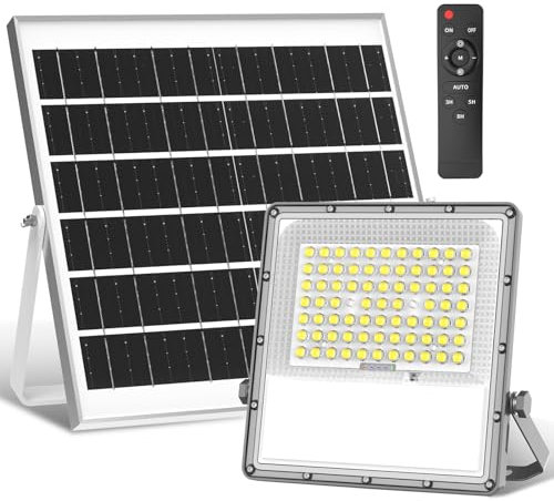 OUSFOT Luz Solar Exterior 200W Focos Exterior Solar 18000mAH con Control Remoto Blanca Súper Brillante de 6500K 72 LED con Cable de 4m IP65 Luces Solar Led Exterior para Garaje, Patio, Jardín, Estadio