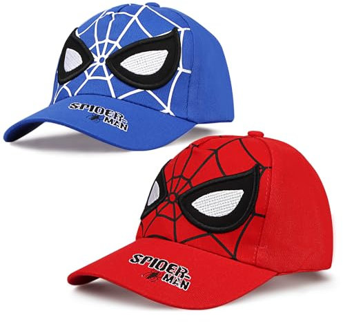 Xingsky Baseball Cap Kinder, Cap SPI-der Kinder 2 Pc Sonnencap Kinder Verstellbar Klettverschluss Baseballmütze Kinder, Sommerhut Baseball Cap SPI-der für Jungen Mädchen, 3-7Jahren Rot + Blau