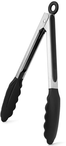 WISYOK Pinzas de Cocina 23cm, Pinzas Cocina con puntas de silicona y mango de acero inoxidable, Pinzas Barbacoa Resistente al Calor, Pinzas Silicona Freidora, Tenazas Cocina (Negro)