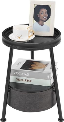 DREAMSOULE Industrial Round Side Table with Storage, Small 2 Tier End Table with Basket and Storage Tray for Indoor Outdoor Patio, Round Nightstand Bedside Table for Sundries, Books (Black)