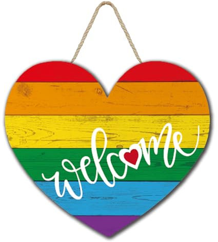 KAKALVER Rainbow Welcome Sign Gay Pride Door Sign LGBTQ Wooden Hanging Sign Wreath for Lesbian Pride Parade Day Wall Art (Rainbow Welcome Sign)