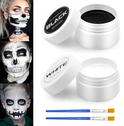 100g Halloween Schminke Schwarz Weiß,Körperfarben,Karnevalsschminke,Faschingsschminke,Face Paint für Theaterschminke,Gesichtsfarben mit Pinseln,Karnevals Party Make up Set für Kinder Erwachsene