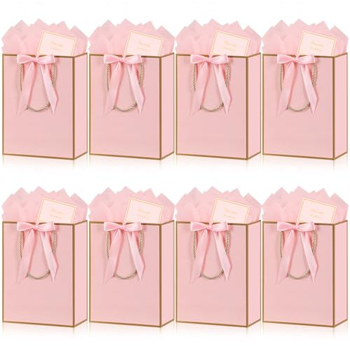 BBLIKE Sac Cadeau Papier - 8 Pochette Cadeau Anniversaire Moyen, Sachet Cadeaux Grand Format 8 Cartes 10 Mouchoirs, Gift Bag Elégantes pour Femme Fille Saint-Valentin Fêtes Noël Mariage (Rose Gold)