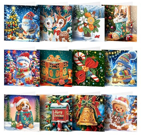 Diamond Painting Weihnachtskarten mit Umschlag Set,12 Stück Diamond Painting Weihnachten Diamond Painting Karten, 5D Diamond Painting Klein 15x15 Diamond Painting Deko Weihnachten Geschenke (style-2)