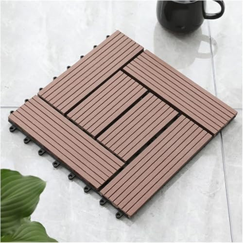 Interlocking Wood Plastic Deck Tiles 11.8x11.8in Non Slip Drainage Mat for Garden Balcony Bathroom Swimming Pool Kitchen Anti Slip Interlocking Floor Tiles (Brown) Pack of 28