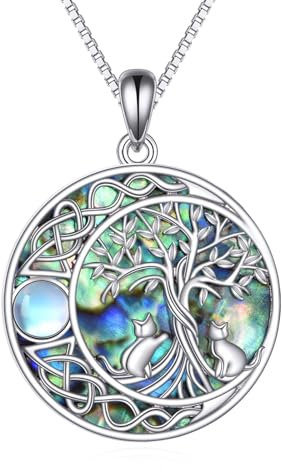 YAFEINI Lebensbaum Kette Silber 925 Katze Lebensbaum Halskette Abalone Anhänger Schmuck Lebensbaum Geschenk für Damen