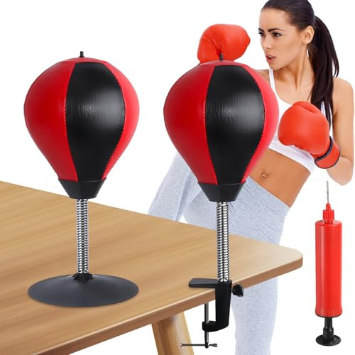 WIYETY Schreibtisch Desktop Boxsack Tisch Boxsack mit Starken Saugnäpfen und Tischklemme, Stressabbauender Büro Punchingball, Stehpult-Punchball, Lustige Geschenke für Chef Kollegen (Schwarzrot)