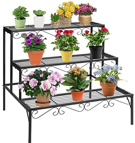 WZWTYSM 3-stufiger Pflanzenständer aus Metall im Treppenstil, dreistufiges Blumenregal mit Leiter, für große Blumentöpfe im Innen- und Außenbereich