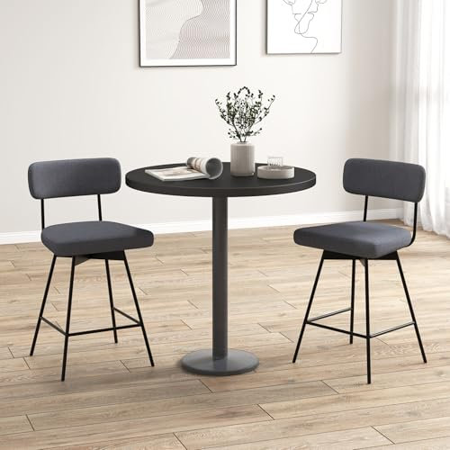 RELAX4LIFE Lot de 2 Tabouret de Bar Hauteur Assise 65 cm, Tabouret Bar 4 Pieds Pivotant, Chaise de Bar Rembourrée, Tissu de Lin, Dossier, Repose-Pieds, Cadre Métallique, pour Îlot Central (1, Gris)