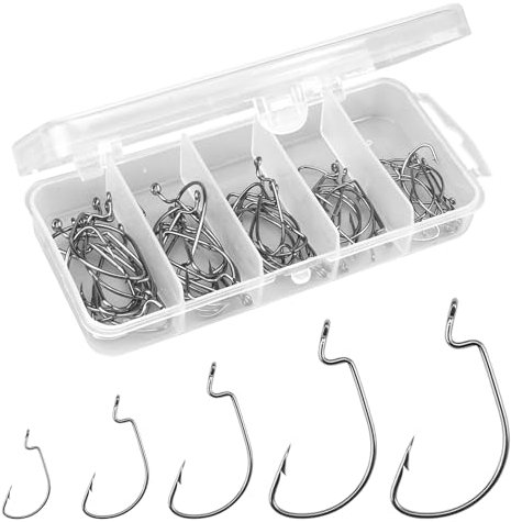 50 Stück Offset Wurm Jig Haken, 5 Größen Kohlenstoffstahl Wurm Angelhaken Set, Drop Shot Haken mit Kunststoff-Box, High Carbon Stahl Würmer Haken, Angel Haken für Gummifische Jigs, Creature Köder