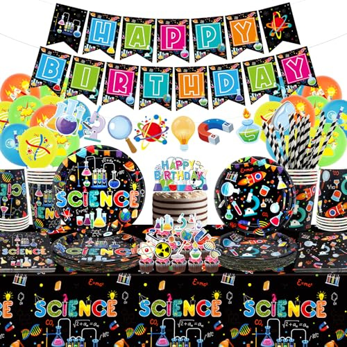 Wissenschaftliche Partyartikel, Happy Birthday“-Banner, Teller, Tischdecke, Becher, Luftballons und Strohhalme, für die Dekoration eines kleinen Wissenschaftlerlabors Für 20 Gäste (Banners)