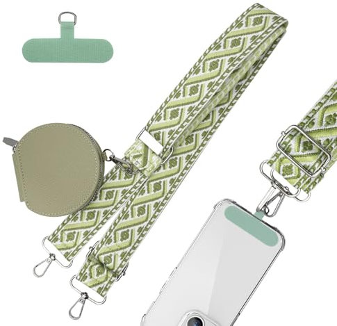FOSDICK Handykette mit Tasche, Handyband zum Umhängen, Handy Kette mit Clip Bag Handy, Handy Umhängeband mit Geldbörse, Verstellbar Phone Strap, Handyketten mit Handykette Halterung, Grün