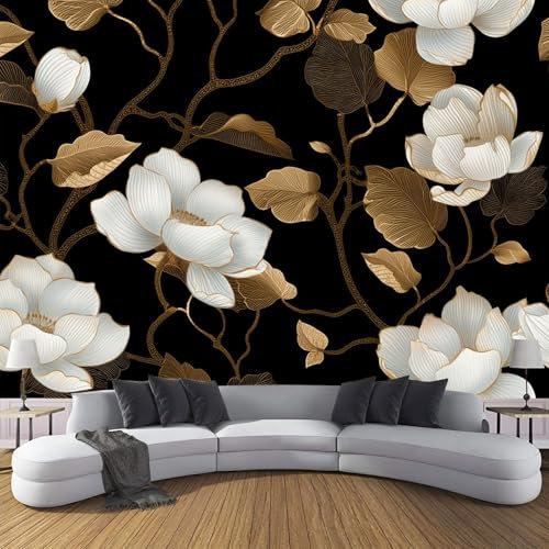 MIATCENRT Large Gold Foil Floral Wall Art Silk Cloth Wallpaper, 3D Chinese Custom Mural for Bedroom Living Room Office Home Backdrop Decor, 250x175cm (WxH) Background Wall Painting, Black