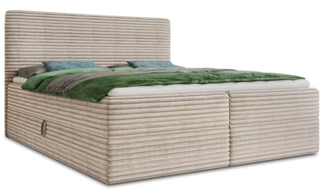 Boxspringbett Mollo mit 2 Bettkästen, Doppelbett mit Bonell-Matratze und Topper, Polsterbett in weichem Cordstoff, Bett, Bettgestell für Schlafzimmer (Beige (Tilia 03), 140 x 200 cm)