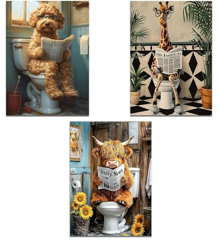 Fakcrkun 3 Pcs Funny Animal Bathroom Wall Art, Highland Cow Dog Giraffe Sitting on Toilet Reading Newspaper, Humor Bathroom Canvas Prints for Toilet Bathroom Decor, 12×16in