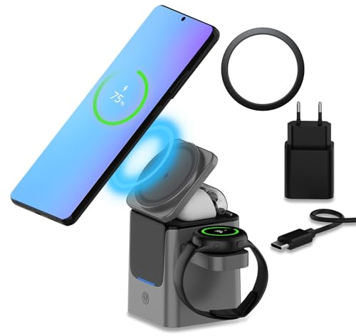 Caricatore Wireless per Samsung da MMOBIEL - 3 in 1 Stazione di Ricarcica 15W per MagSafe Samsung Galaxy S26/S25/S24/S23 Serie, Galaxy Watch 8/7/6, Galaxy Buds - Adattatore da 25W & Anello Magnetico