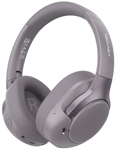 TECKNET Over Ear Kopfhörer Bluetooth mit Hybrid Active Noise Cancelling, Kabellose Bluetooth 6.0 Kopfhörer, 70 Std. Wiedergabezeit, 6 EQ-Modi, 3,5-mm-Audiokabel für Zuhause, Reisen und Büro, Grau