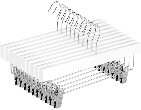 Truevaste 20 Stück Holz Hosenbügel, 35cm Lang Rockbügel mit Verstellbaren & Rutschfesten Clips, 360° Drehbarer Metallhaken, Platzsparend, Für Hosen Jeans Röcke Socken (Weiß)