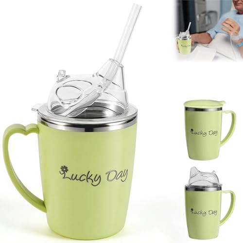 Tazza con Beccuccio per Adulti 350ml con Cannuccia 30cm, Bicchiere Antispruzzo 3 in 1, Bicchieri Alimentazione di Convalescenti, Tazze a Prova di Perdite per Anziani, Pazienti, Disabili, Donne Incinte