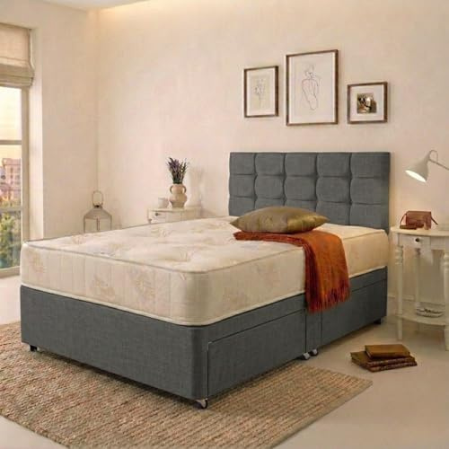 AU Gold Beds 4FT Small Double Bed Set with Orthopedic Sprung Mattress - Grey Linen Divan Bed Base with Versatile Storage Options – 24 Inch Cubic Headboard with Chrome Glider Feet (Small Double)