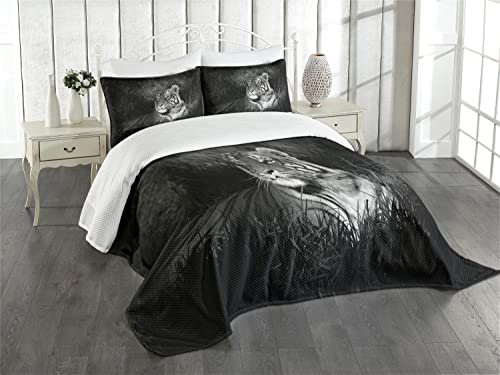 ABAKUHAUS Schwarz und weiß Tagesdecke Set, Bengalischer Tiger, Set mit Kissenbezügen farbfester Digitaldruck, für Doppelbetten 220 x 220 cm, Schwarz weiß