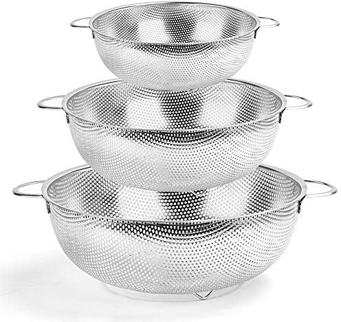 HaWare Colander Set of 3, Stainless Steel Colanders with Handle, Metal Colander Perforated Strainer for Kitchen Pasta/Vegetable/Rice/Fruit/Food - Dishwasher Safe- (16/22/28 cm)