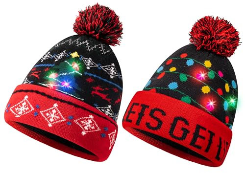 JOYIN 2 Stück LED Leuchten Strickmütze, Beanie Weihnachtsmützen, Weihnachten Hut Mütze für Kinder und Erwachsene (Batterie im Lieferumfang mit 3 Blinkmodi)