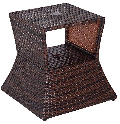 Outsunny Pied de Parasol Table Basse 2 en 1 étagère inférieure intégrée résine tressée Imitation rotin PE dim. 54L x 54l x 55H cm Marron