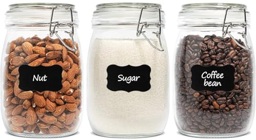ComSaf 1L Round Glass Jars with Airtight Lids, Clip Top Mason Jars, 3 Pack